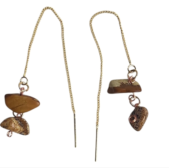 18K Gold Plated Brass Stud Unakite  Threader Earrings - Picture 1 of 3